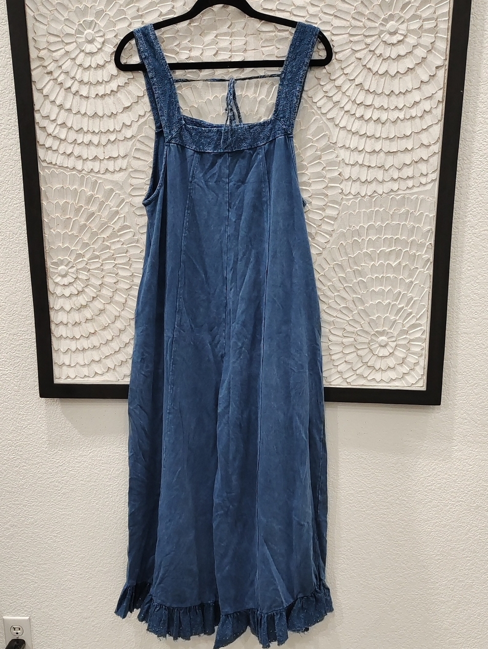 Washed Indigo Eyelit Hem Wide-Leg Jumpsuit - Blue - Picture 8 of 10
